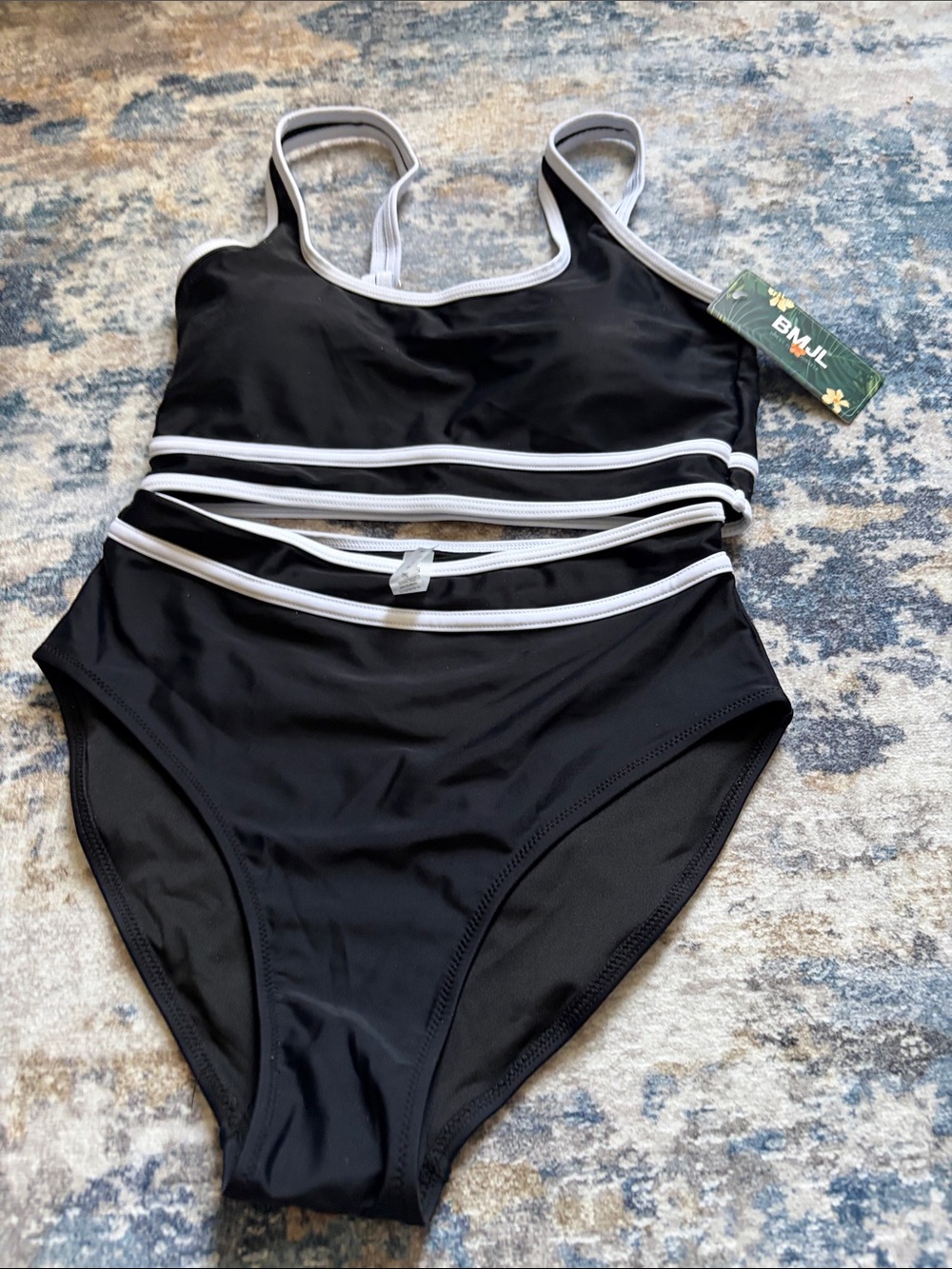 Black One-Piece Swimsuit with White Trim BMJL size Small